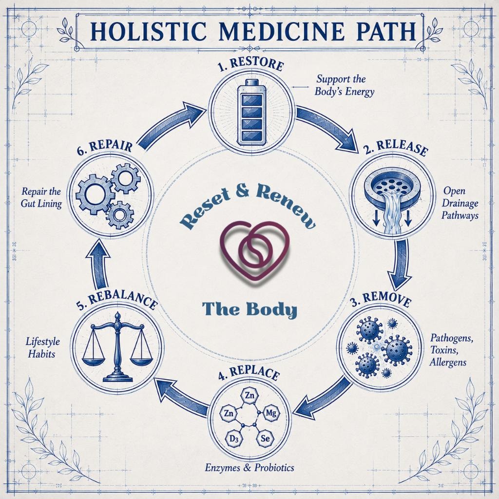 Holistic medicine path showing six stages: restore, release, remove, replace, rebalance, and repair