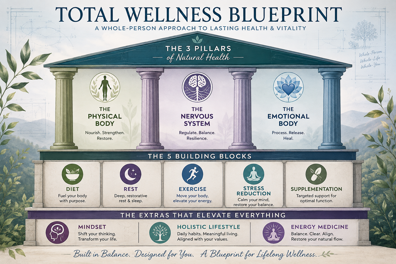 Total Wellness Blueprint program components showing physical body, nervous system, emotional body, and supporting wellness practices
